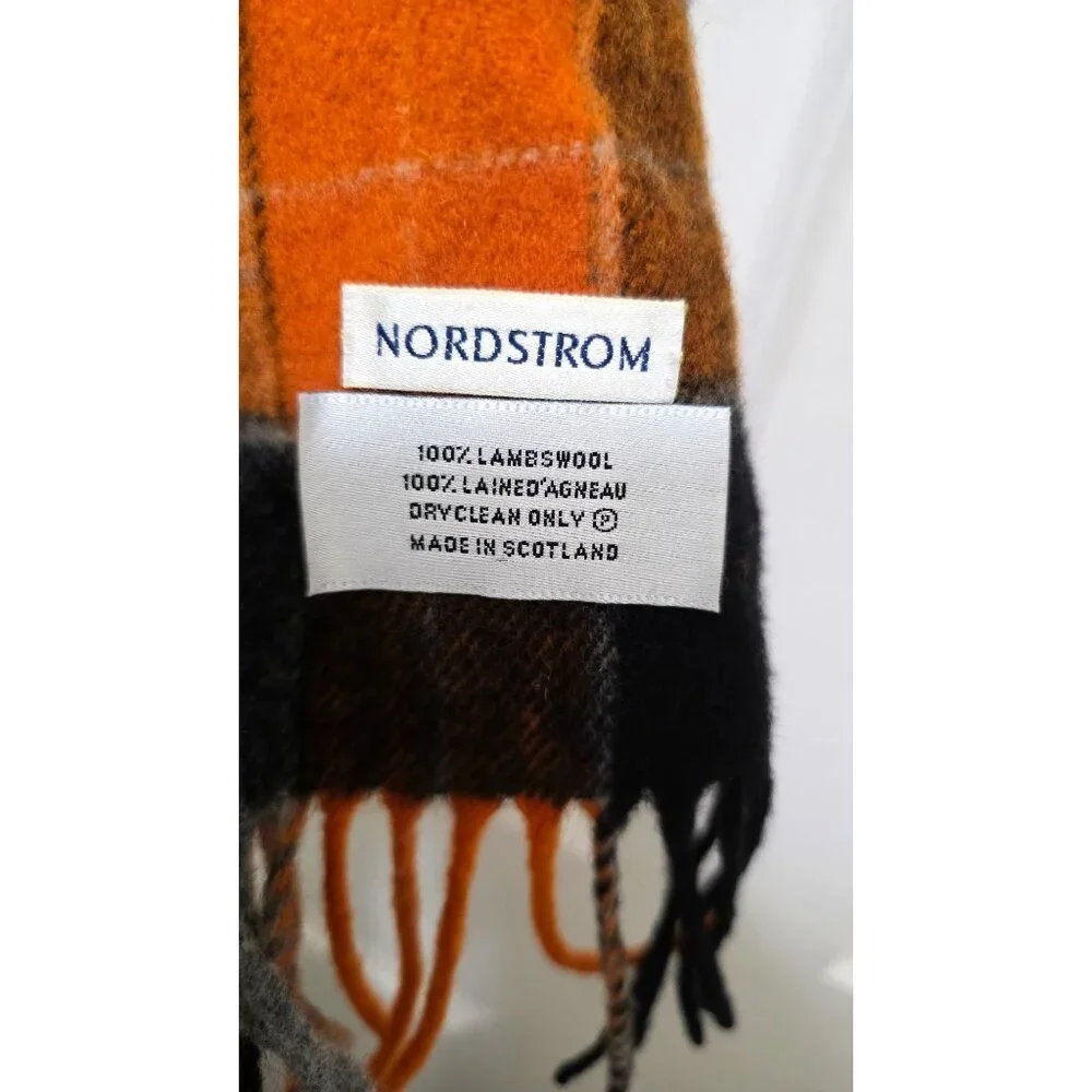 Nordstrom 100% Lambswool‎ Plaid Scarf Fringe Orange/Black/Gray Size 60 x16